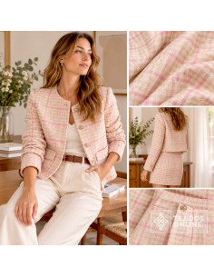 Tela Lana Pata Gallo Rosa y Beige · Tela clásica de vestir - Imagen 2