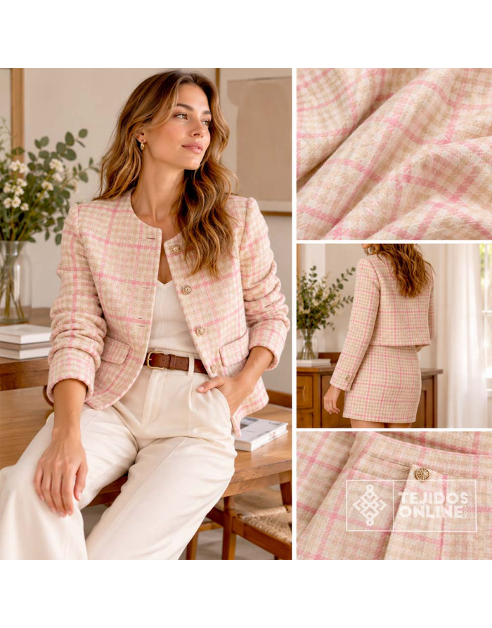 Tela Lana Pata Gallo Rosa y Beige · Tela clásica de vestir - Imagen 2
