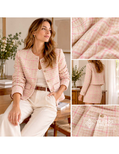 Tela Lana Pata Gallo Rosa y Beige · Tela clásica de vestir - Imagen 2